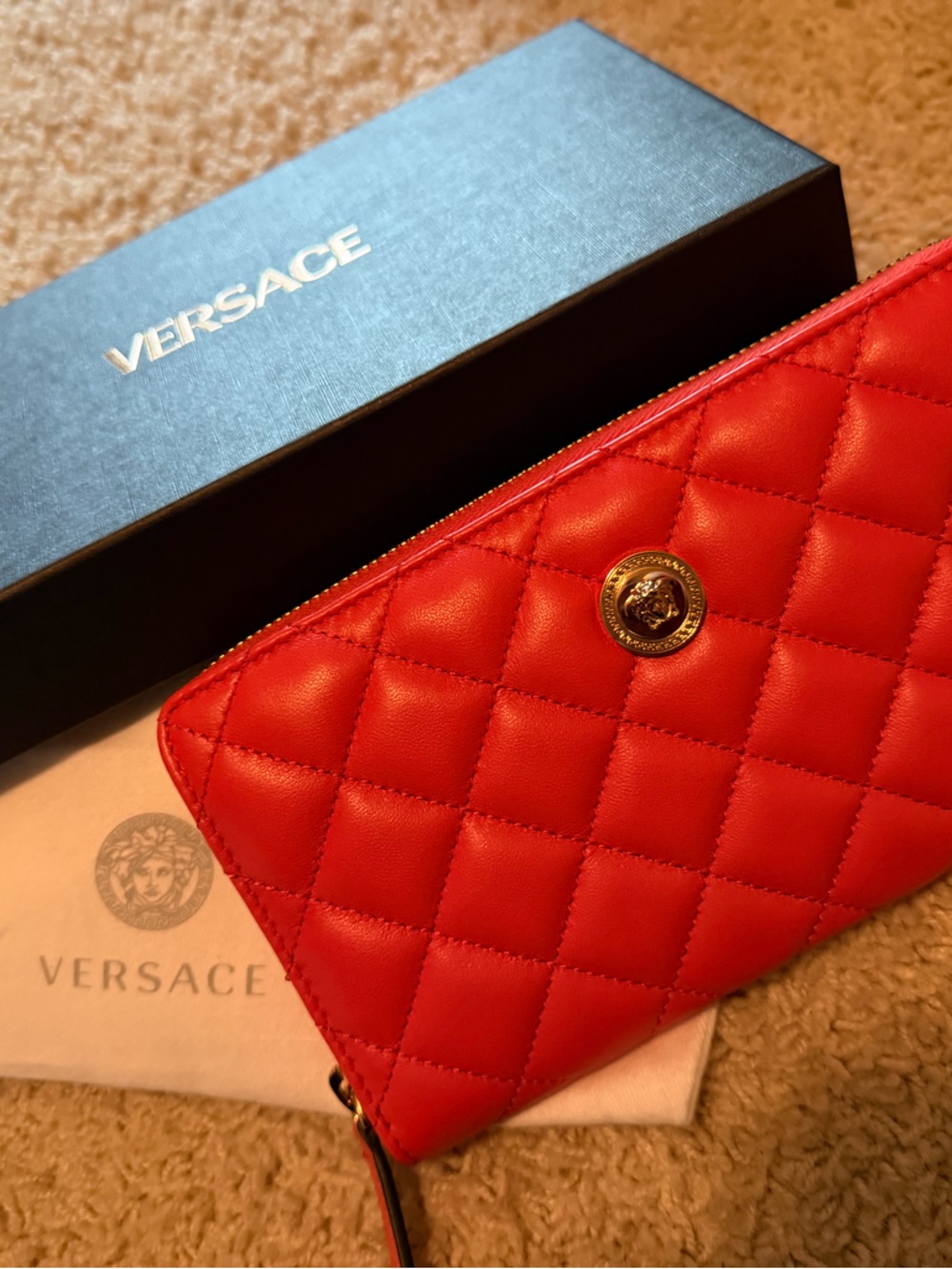 Versace Orange/Red Quilted Leather Zip Wallet with Gold Medallion